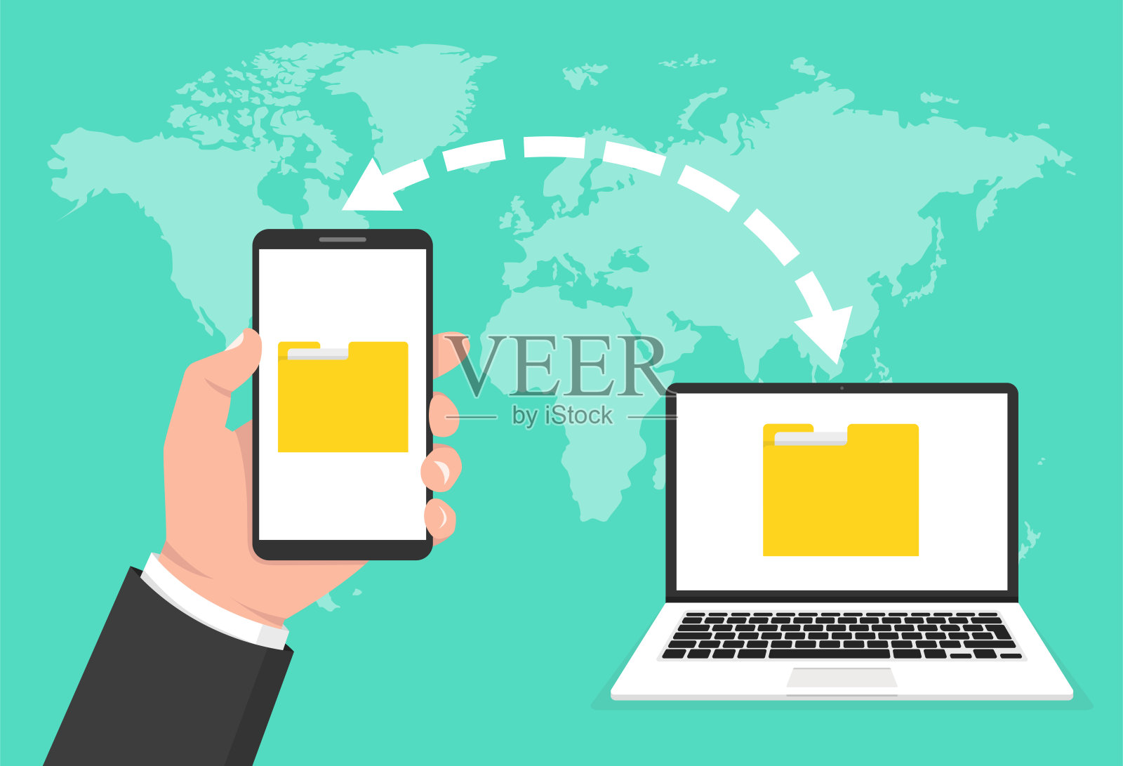 手持电话和转移文件到笔记本电脑。文件传输的概念。矢量插图。插画图片素材