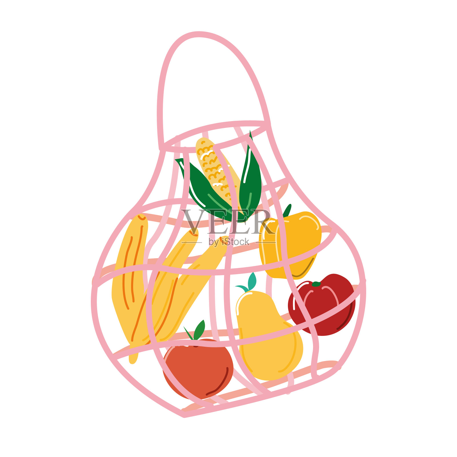 网袋装食品，蔬菜和水果。插画图片素材