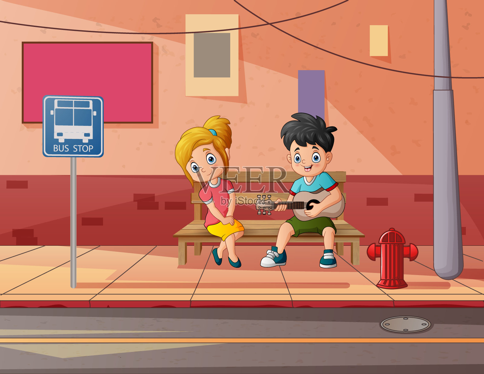 一对甜蜜的情侣在街上弹着吉他唱歌插画图片素材