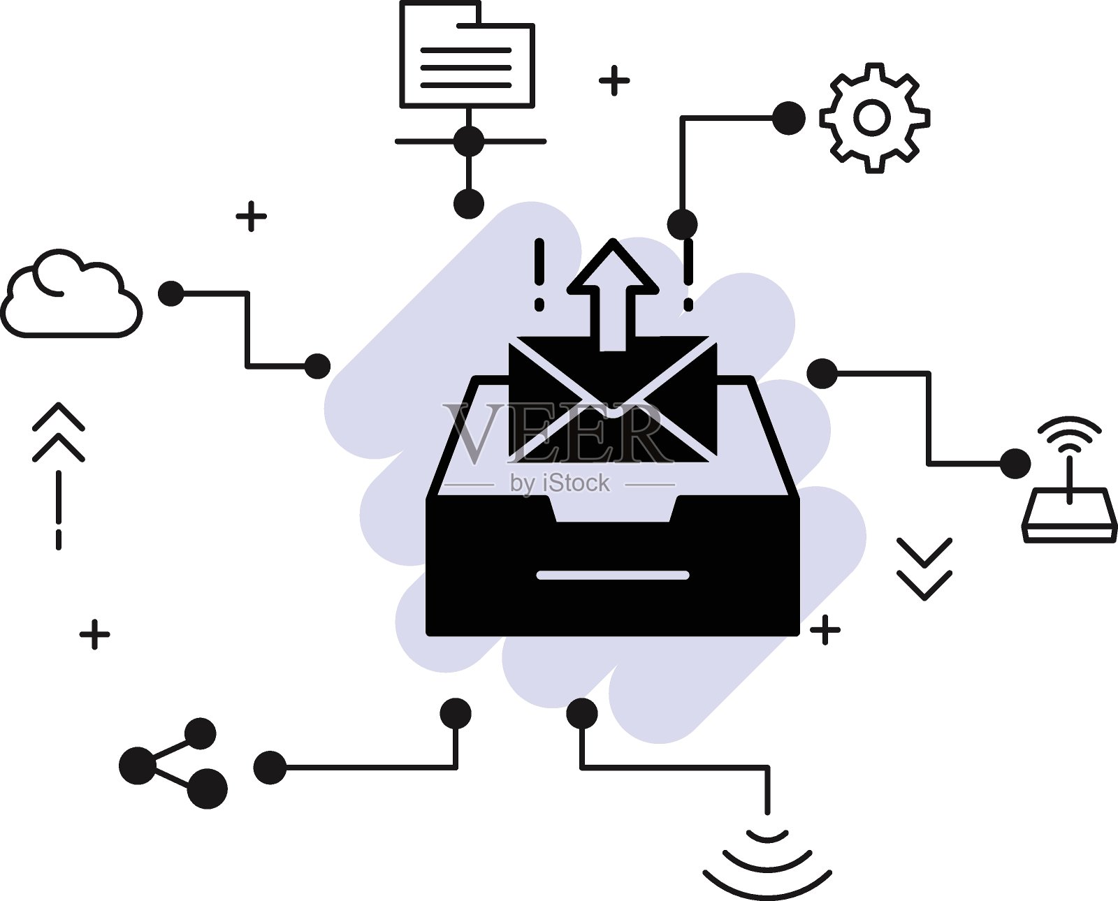 发送所有接口，外发邮件服务器矢量图形图标设计，云计算和Web托管服务符号在白色背景，发件箱概念，邮件客户端UI股票插图插画图片素材