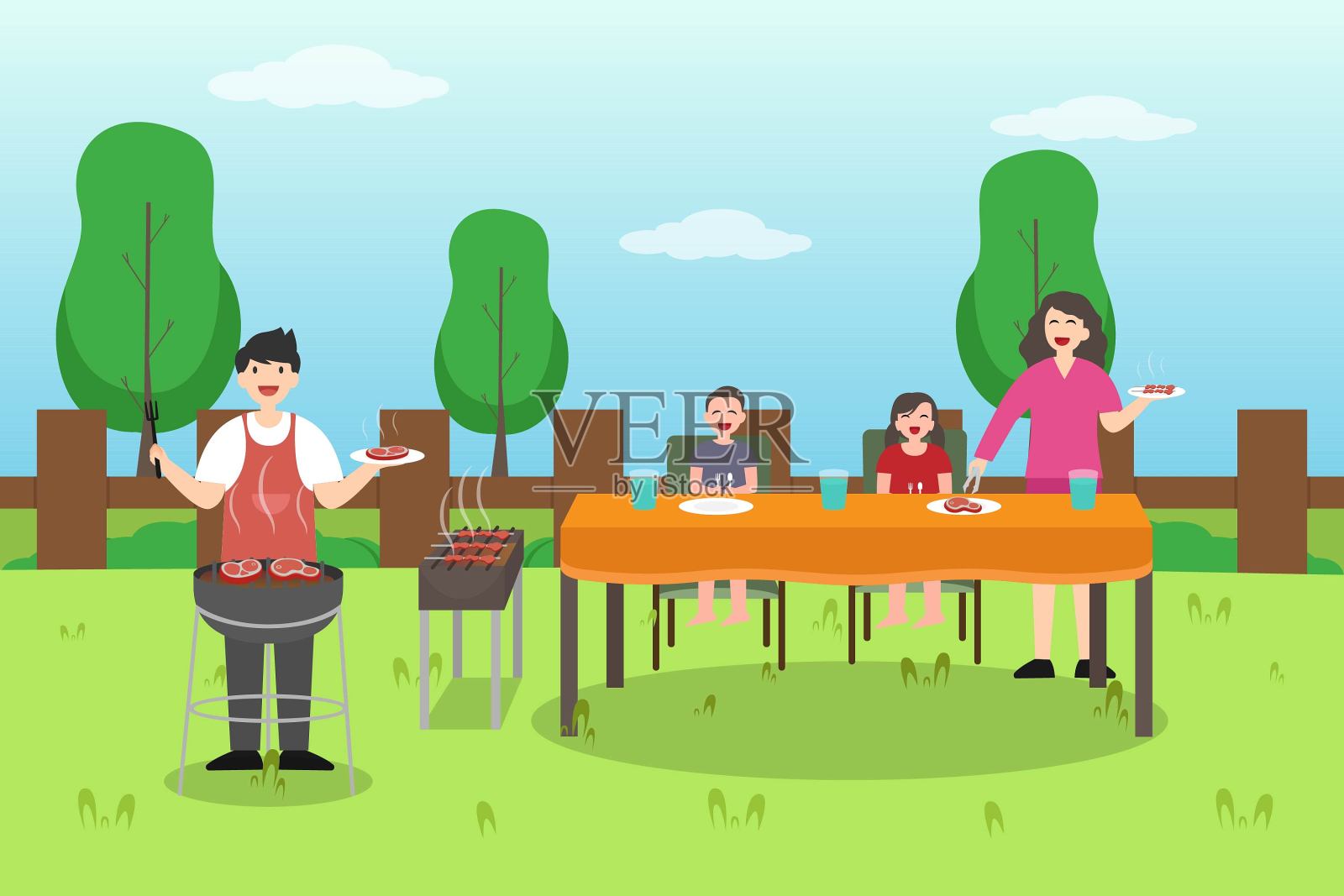 年轻的父母和孩子一起烤肉插画图片素材