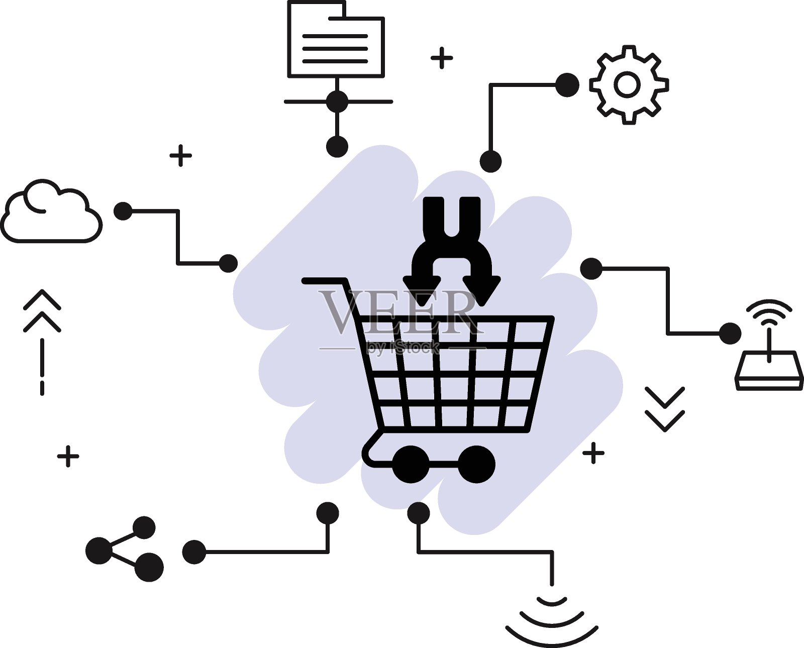 交叉销售的产品概念，购物车与箭头矢量图标设计，搜索引擎优化和数字营销符号在白色背景，向上销售电子商务股票插图插画图片素材