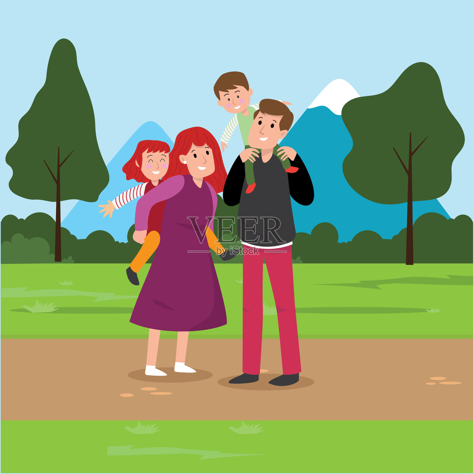 爸爸，妈妈，儿子和女儿玩得很开心插画图片素材