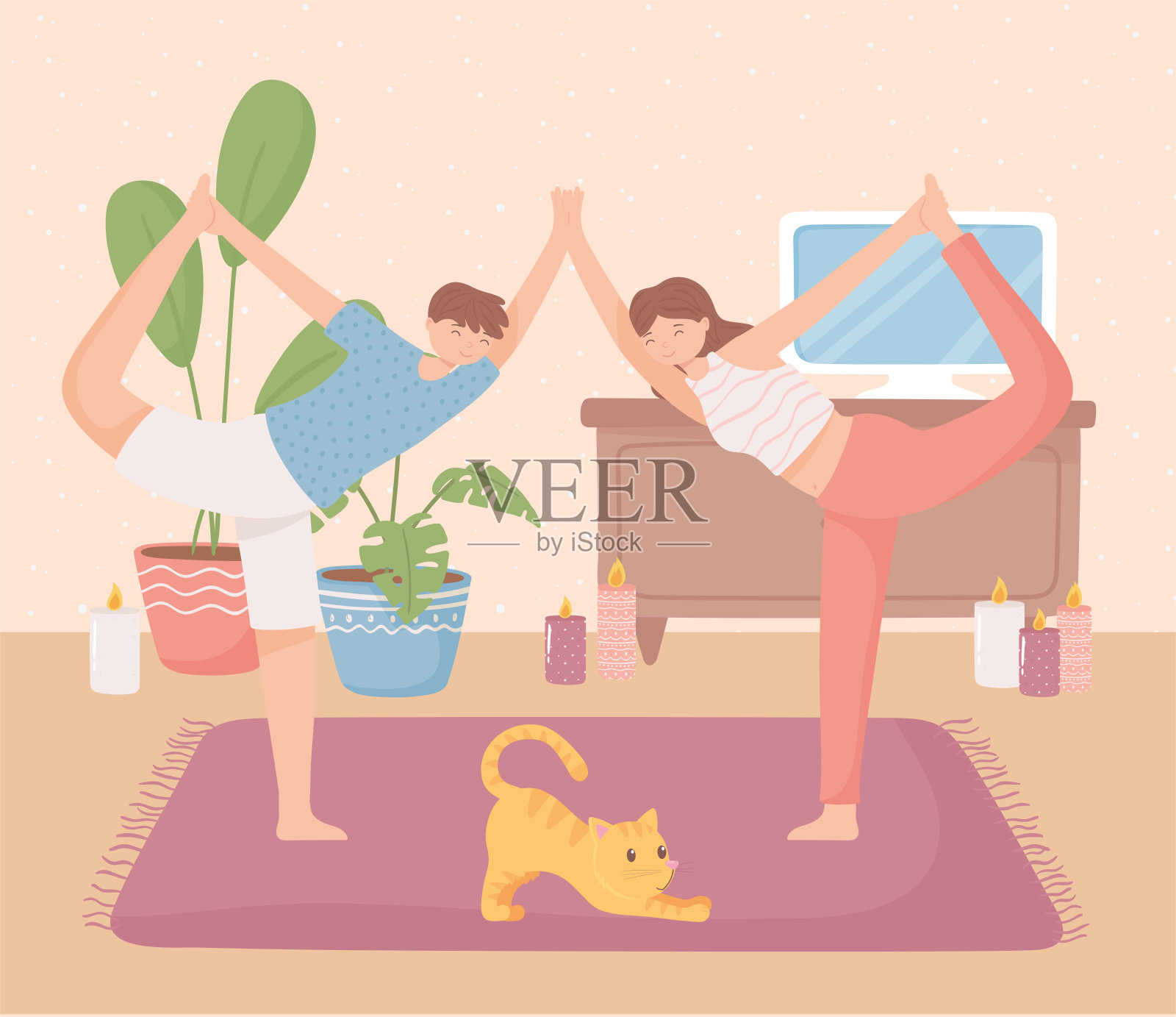 夫妇在家里做瑜伽插画图片素材