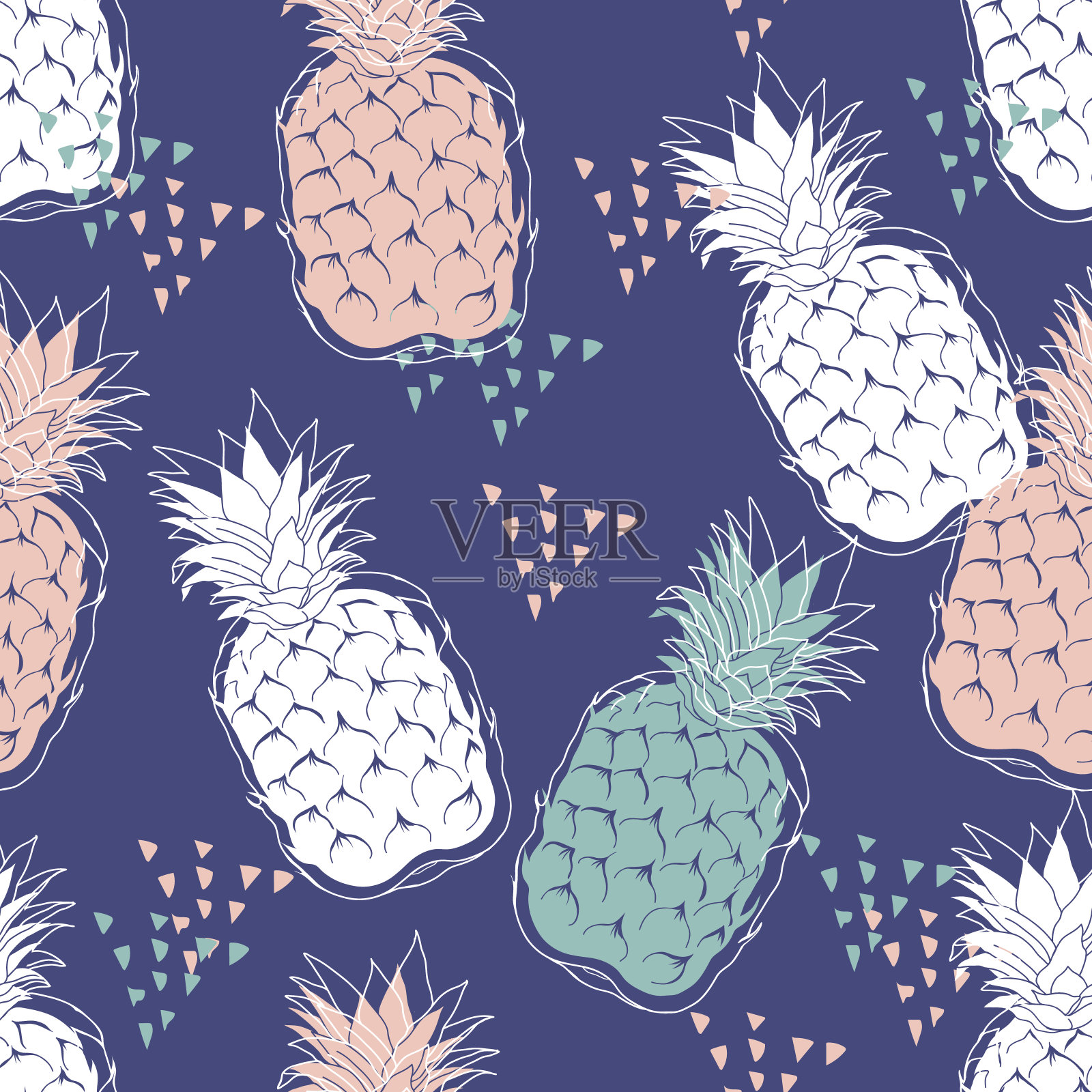 无缝图案与时尚的菠萝水果在蓝色的背景。插画图片素材