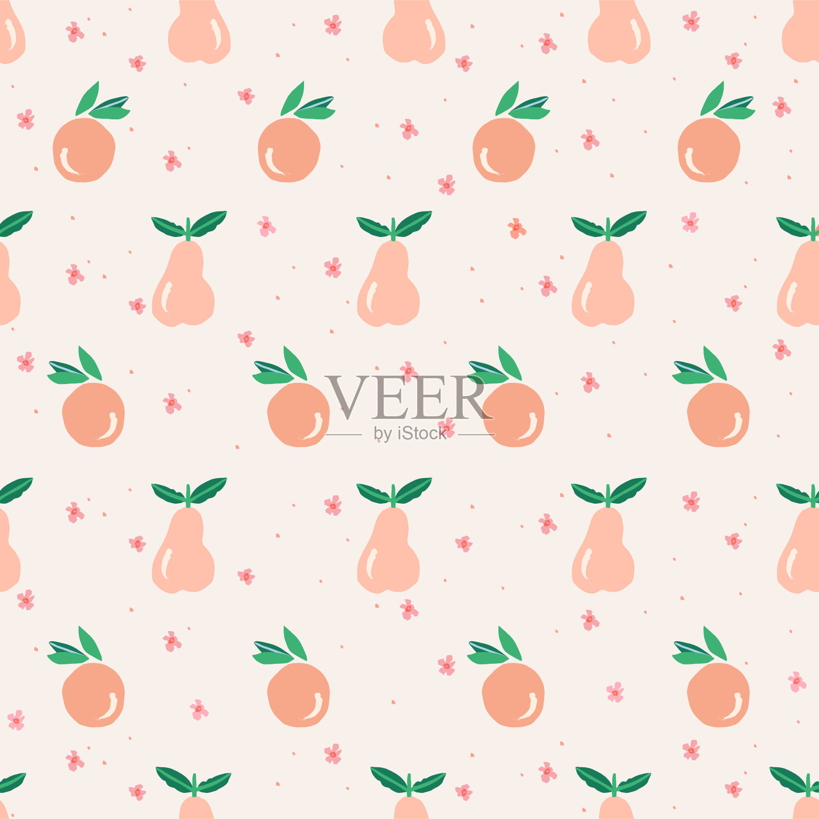 可爱的橙色，梨，和小花图案无缝重复图案数字艺术品，家居装饰打印婴儿或儿童时装织物纺织插画图片素材