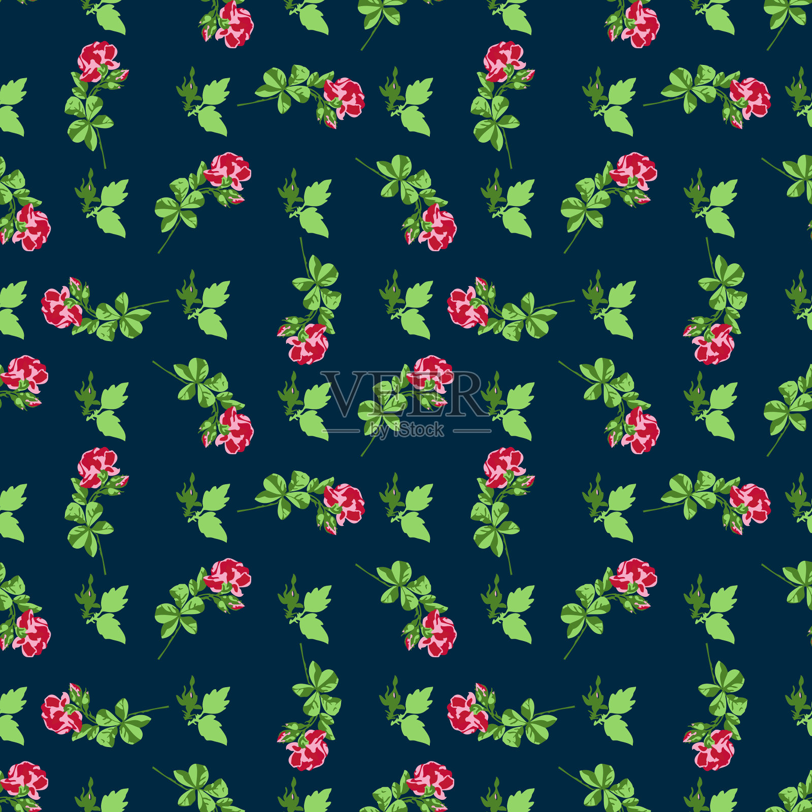 画满鲜花的树枝，粉红色的玫瑰绽放插画图片素材