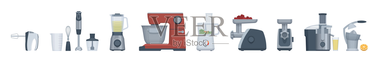 平电器集。食品加工机，搅拌机，搅拌机等。矢量图插画图片素材