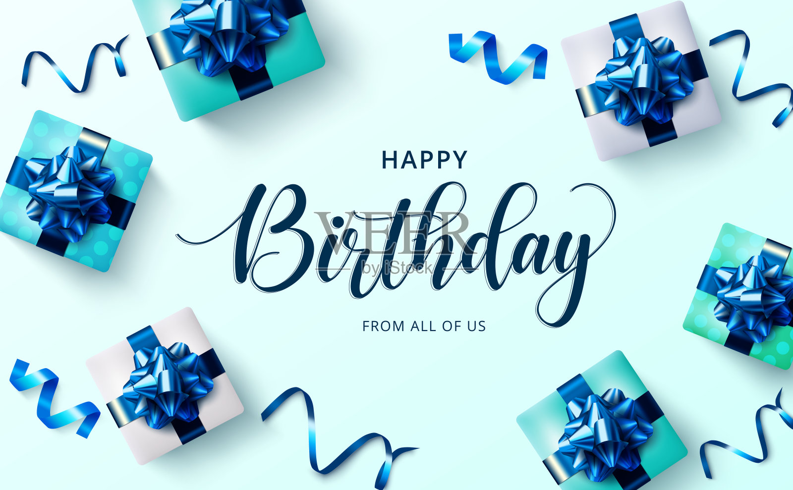 生日快乐礼物矢量背景设计。生日快乐短信与礼盒和蓝丝带套索庆祝元素的生日贺卡设计。插画图片素材