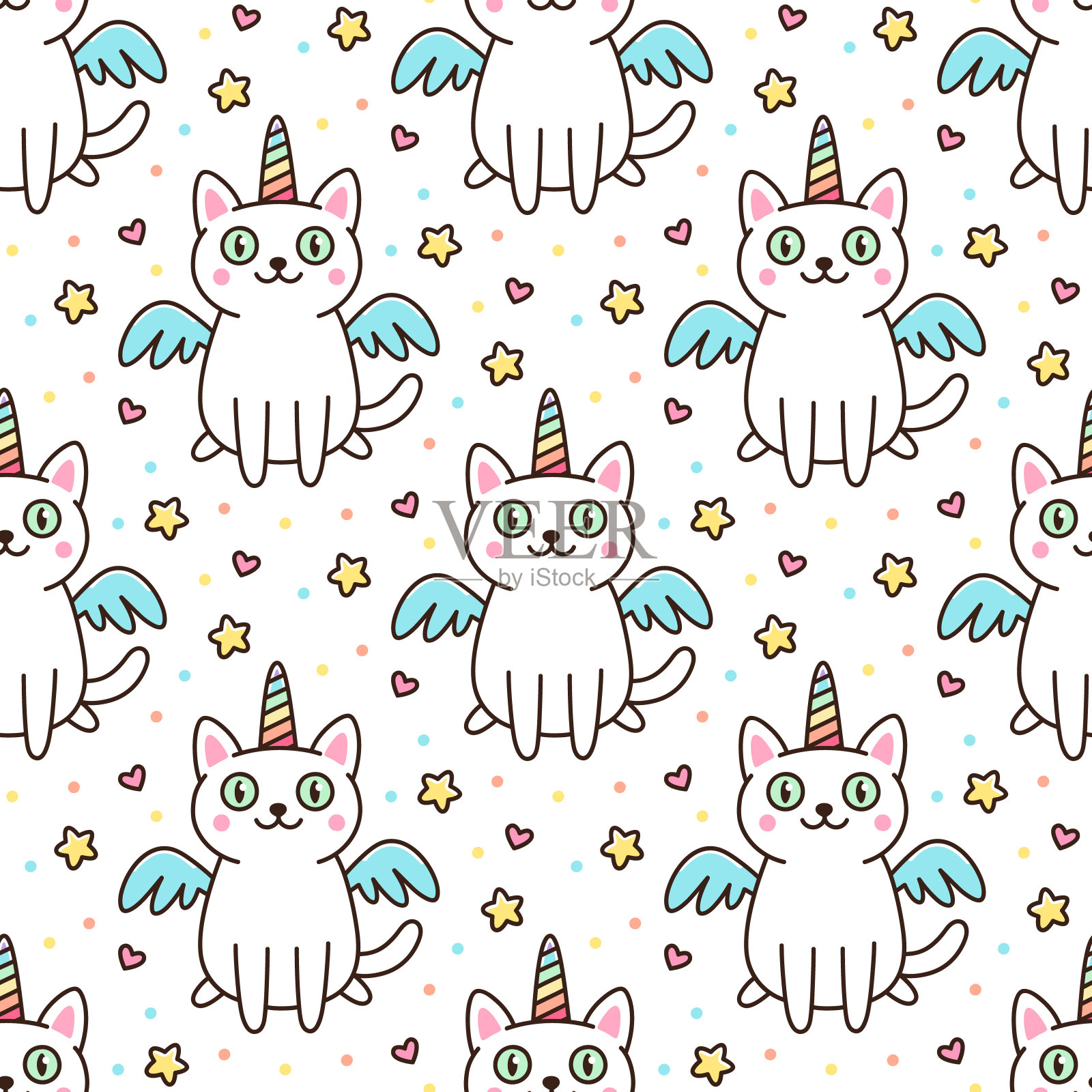 可爱的无缝图案与白猫在独角兽服装与翅膀和彩虹角。插画图片素材