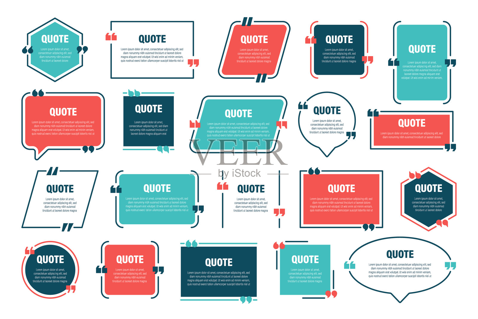 一套各种彩色孤立报价框架。讲话中带有引号。空白文本框和引号。博客模板。矢量图插画图片素材