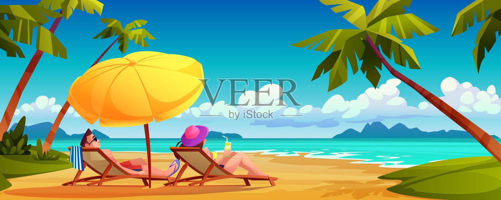 家庭夫妇sunbaon夏天海滩海滨插画图片素材