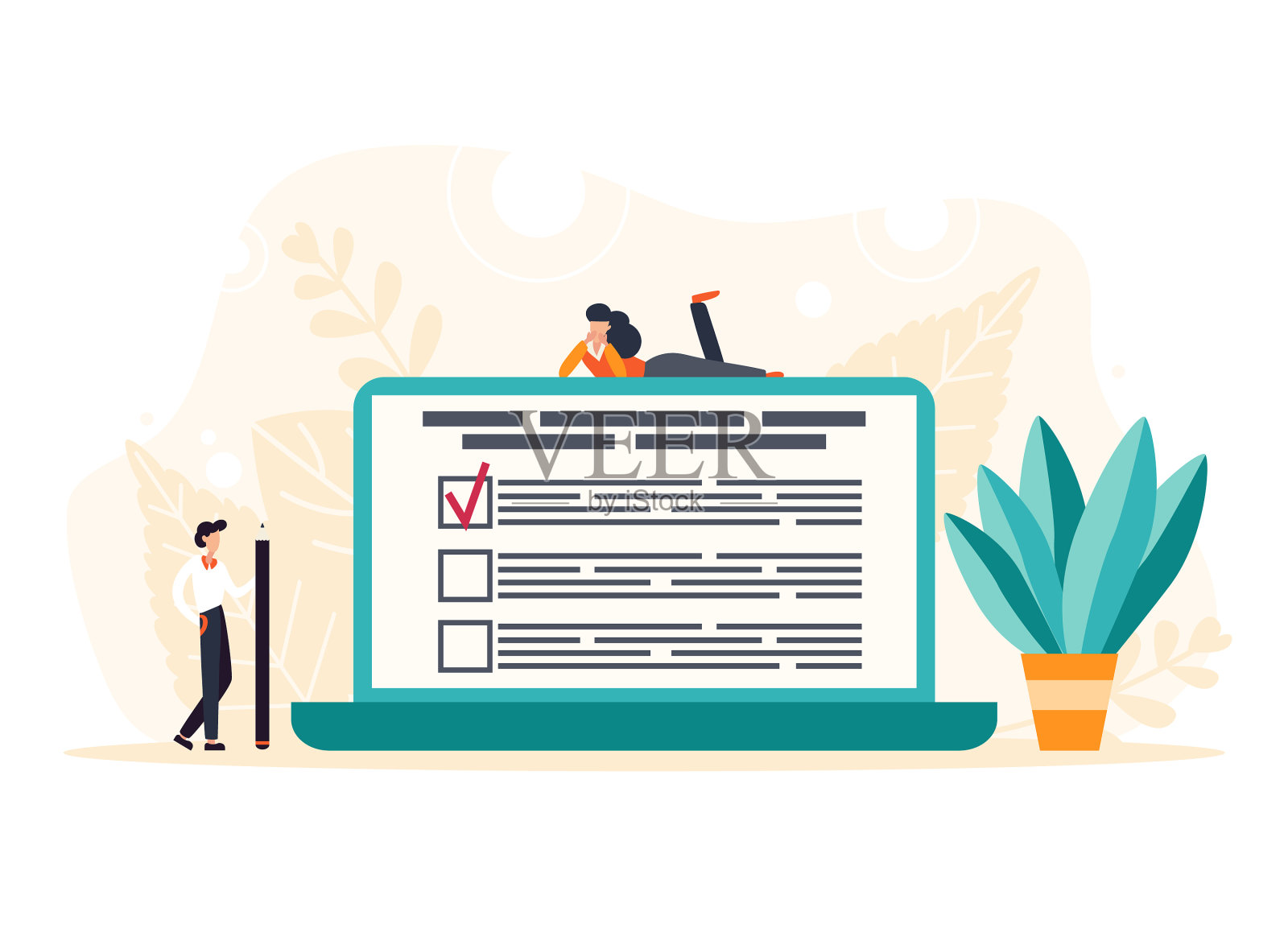 人物填写网上调查表格上的巨大插画图片素材