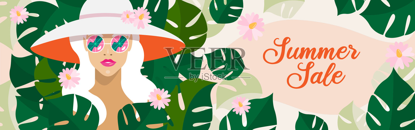 肖像金发女人长头发和夏天设计模板素材