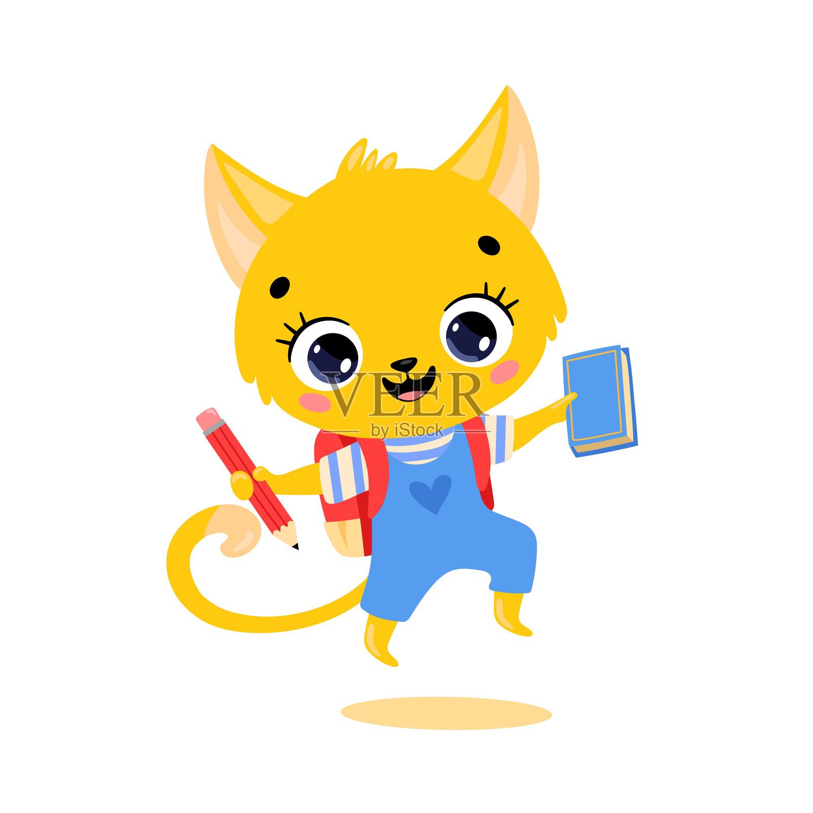 矢量平面涂鸦插图一个可爱的卡通猫去学校。动物返校设计元素图片