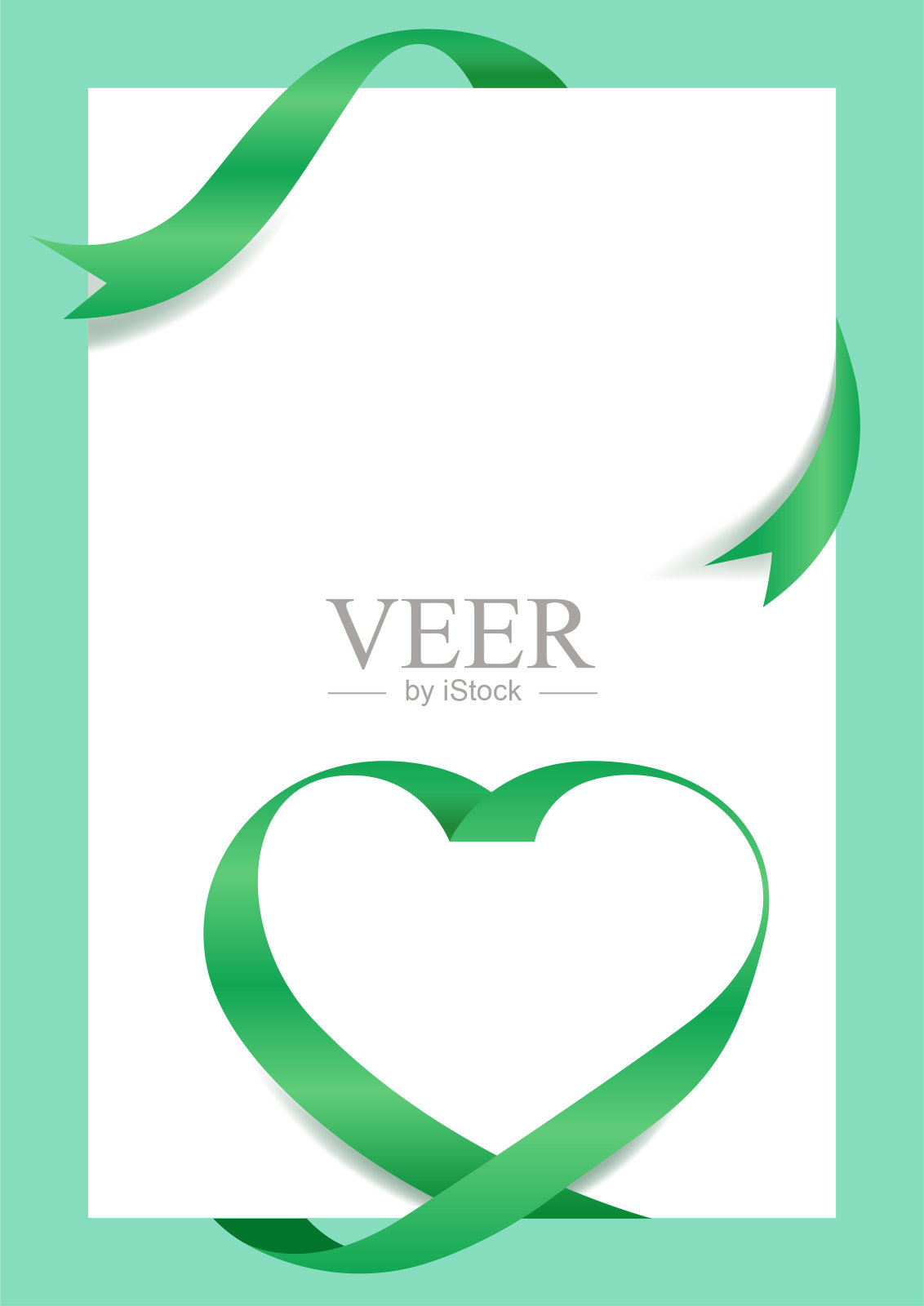 绿色丝带心形模型A4大小的横幅情人节，贺卡彩色，礼品券和证书背景，拷贝空间插画图片素材