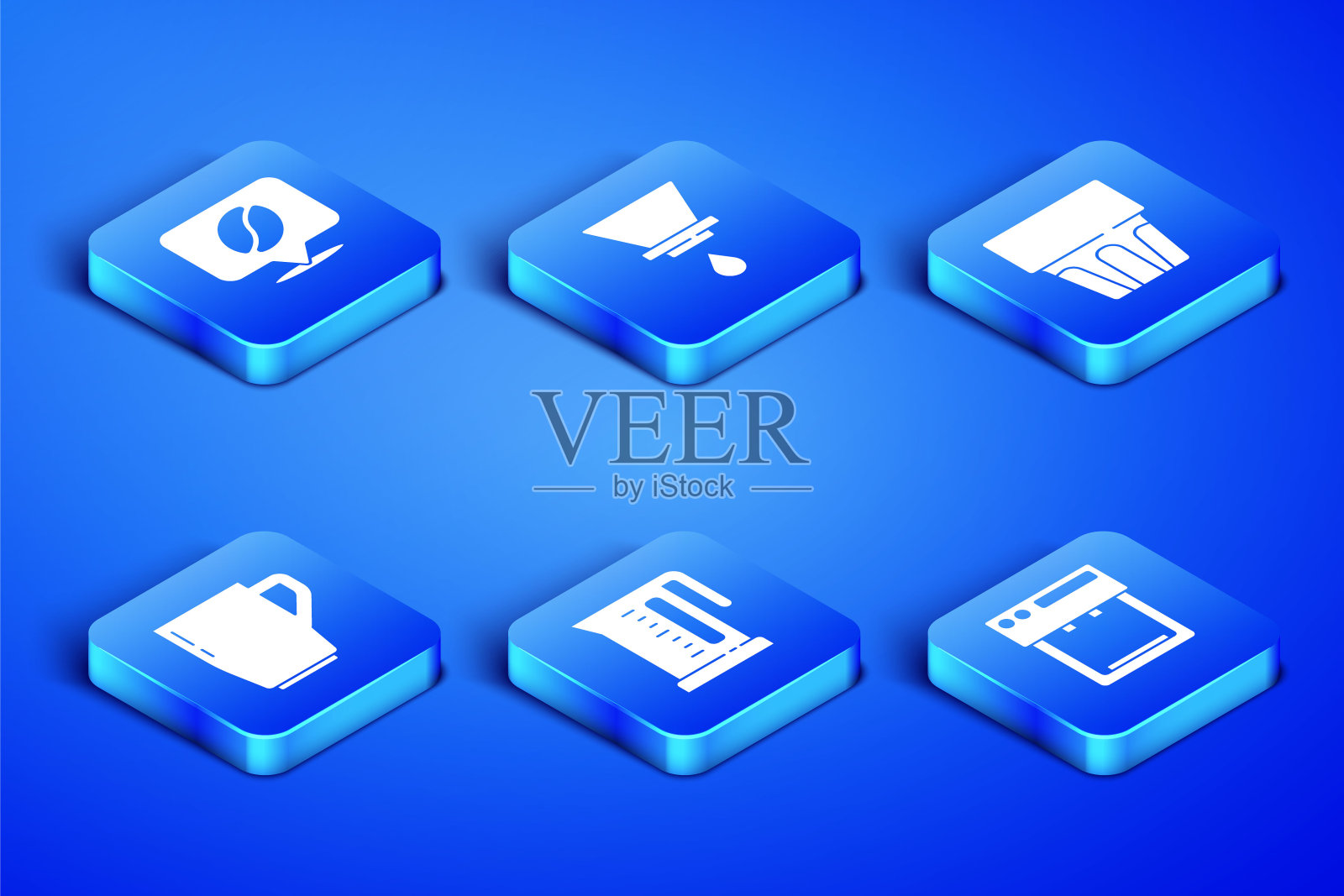 设置咖啡机，咖啡豆位置，电水壶，杯子，V60机和玻璃水图标。向量图标素材