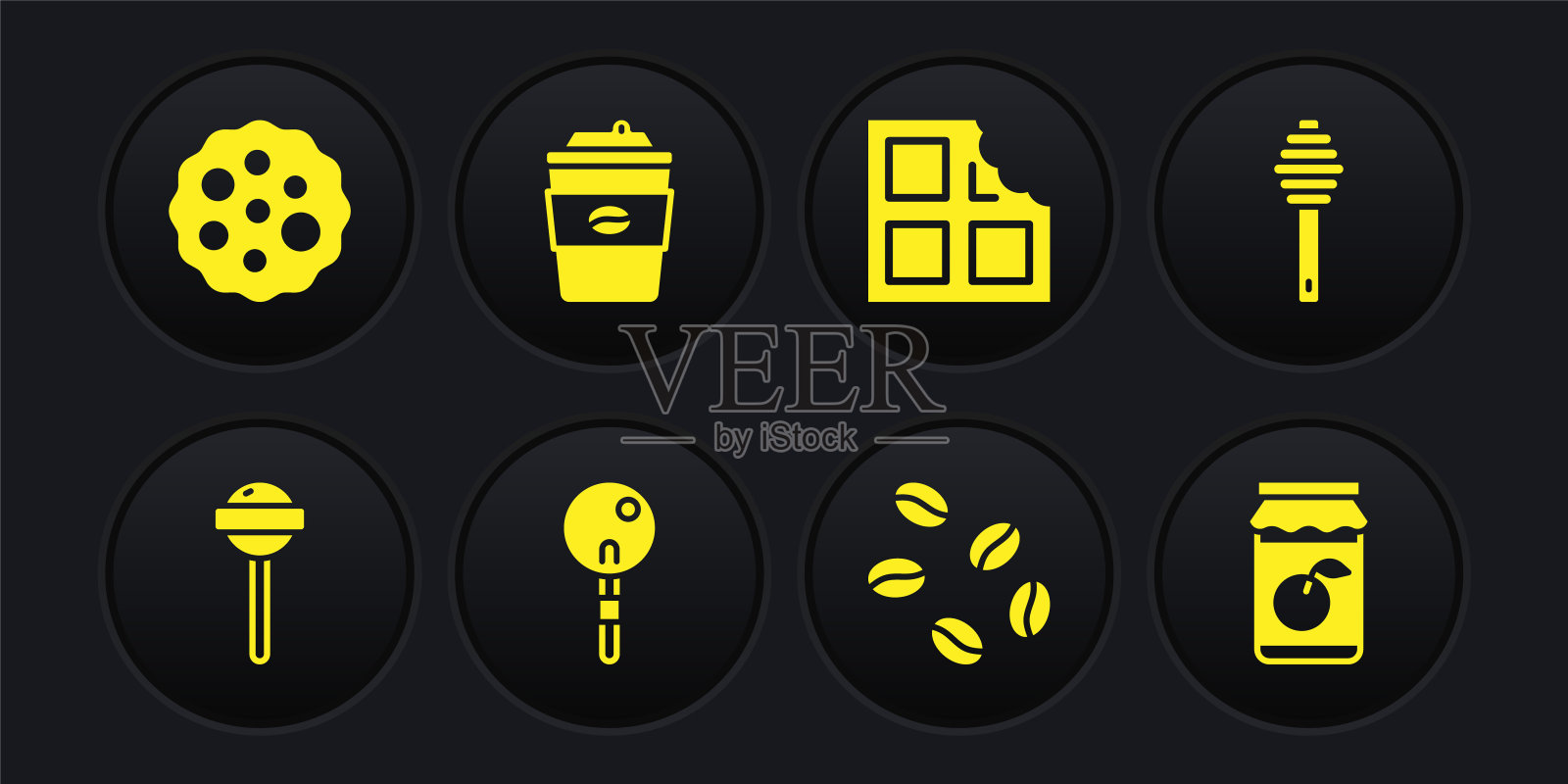 设置棒棒糖，蜂蜜长棒，咖啡豆，巧克力棒，杯子带走，果酱罐和饼干或饼干图标。向量图标素材