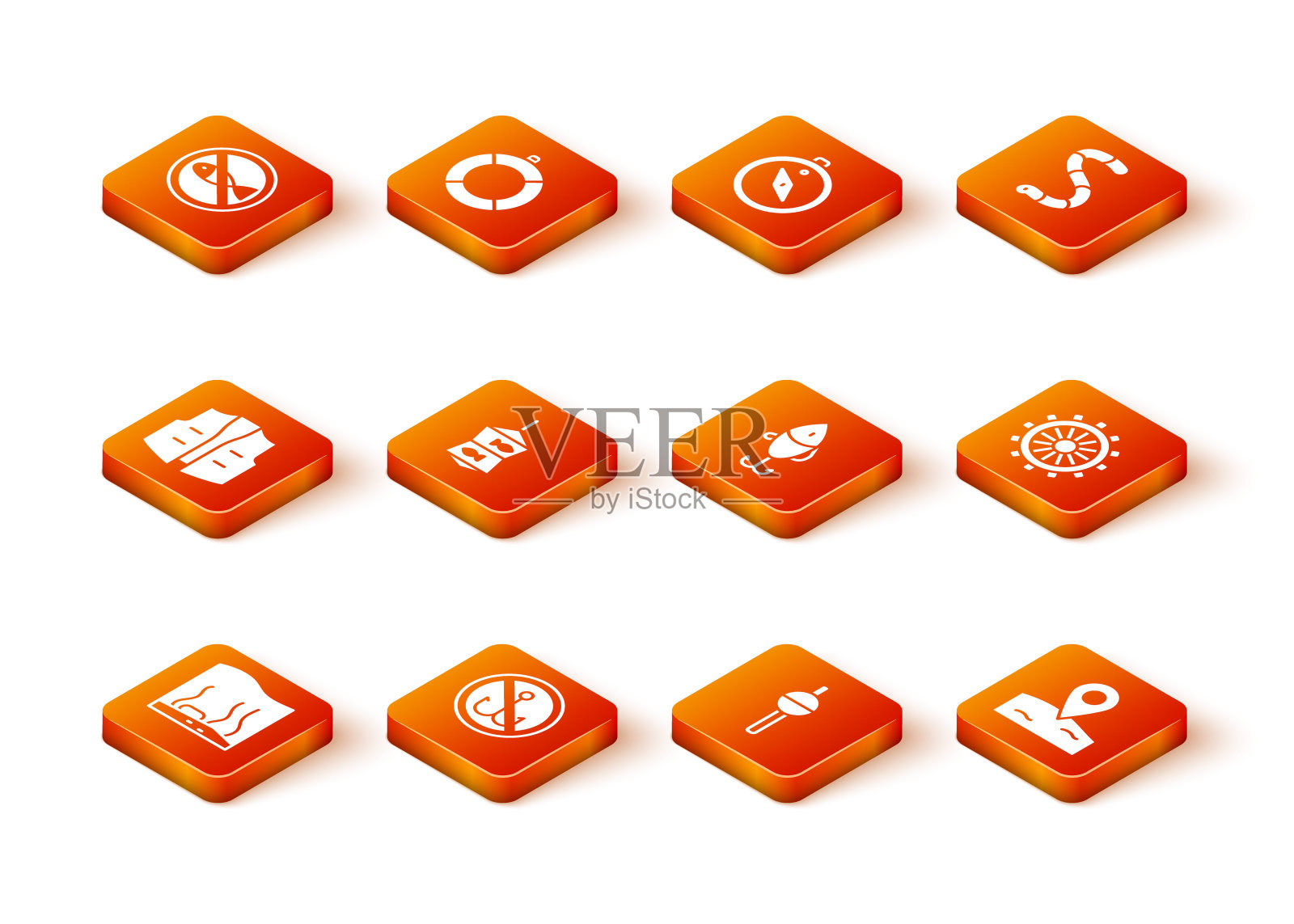 设置水族馆，没有钓鱼，钓鱼夹克，网，浮子，诱饵，位置和船舶方向盘图标。向量图标素材