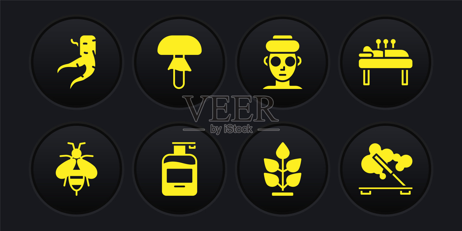 集蜜蜂，针灸疗法，液体肥皂瓶，植物，面部美容面膜，蘑菇，香薰spa棒和生姜根图标。向量图标素材