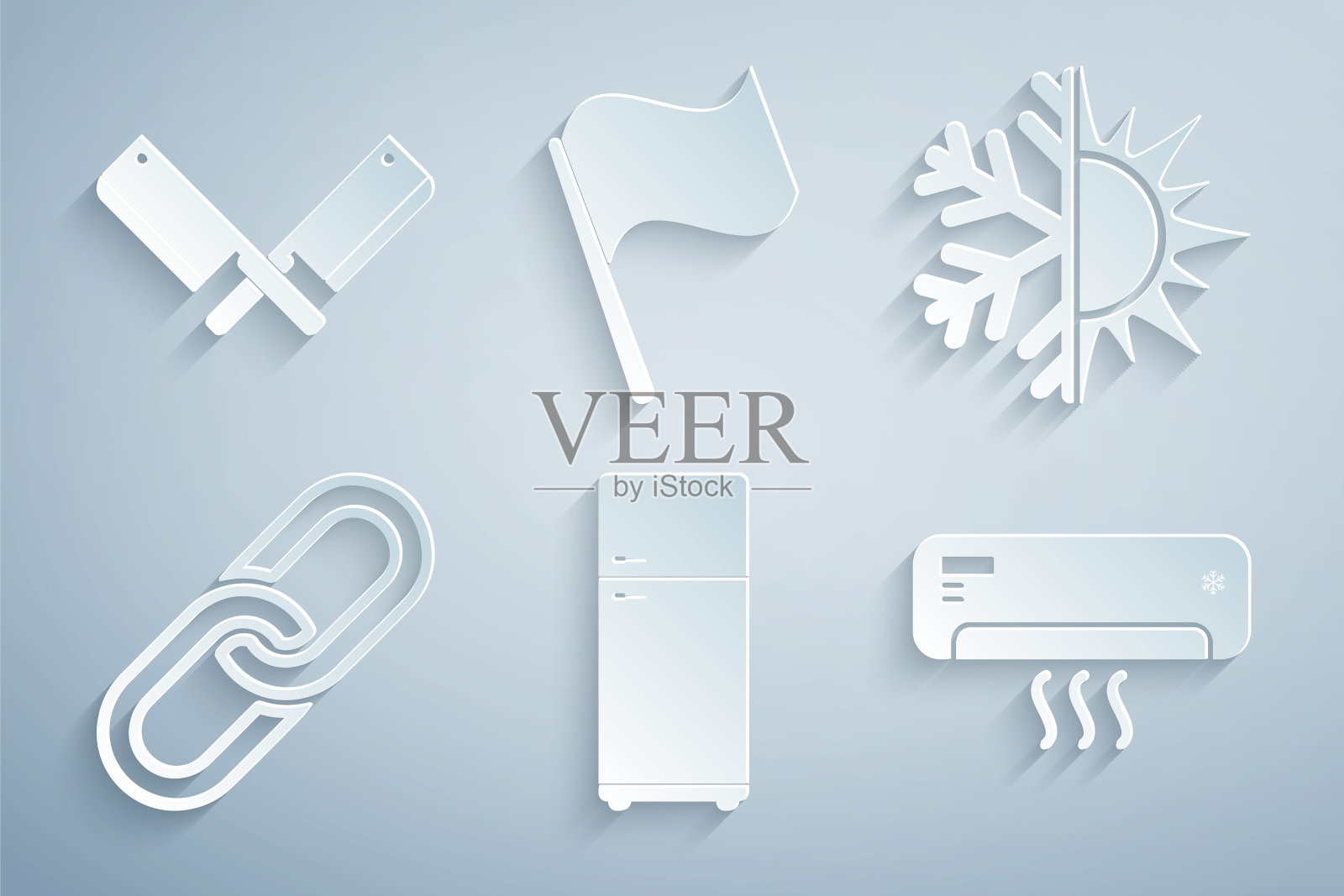 设置冰箱，太阳和雪花，链条，空调，旗帜和交叉肉类直升机图标。向量图标素材