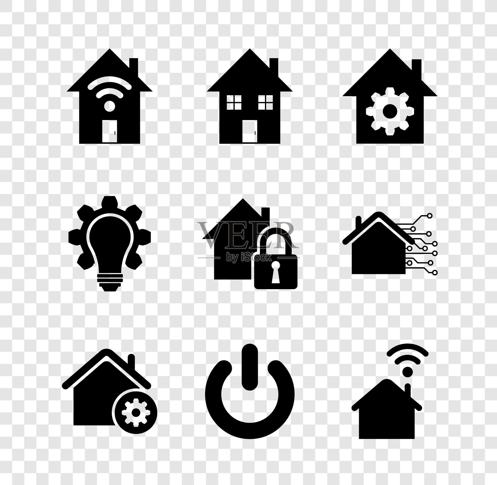 设置智能家居wi-fi，房子，设置，电源按钮，灯泡和齿轮和保护图标。向量图标素材