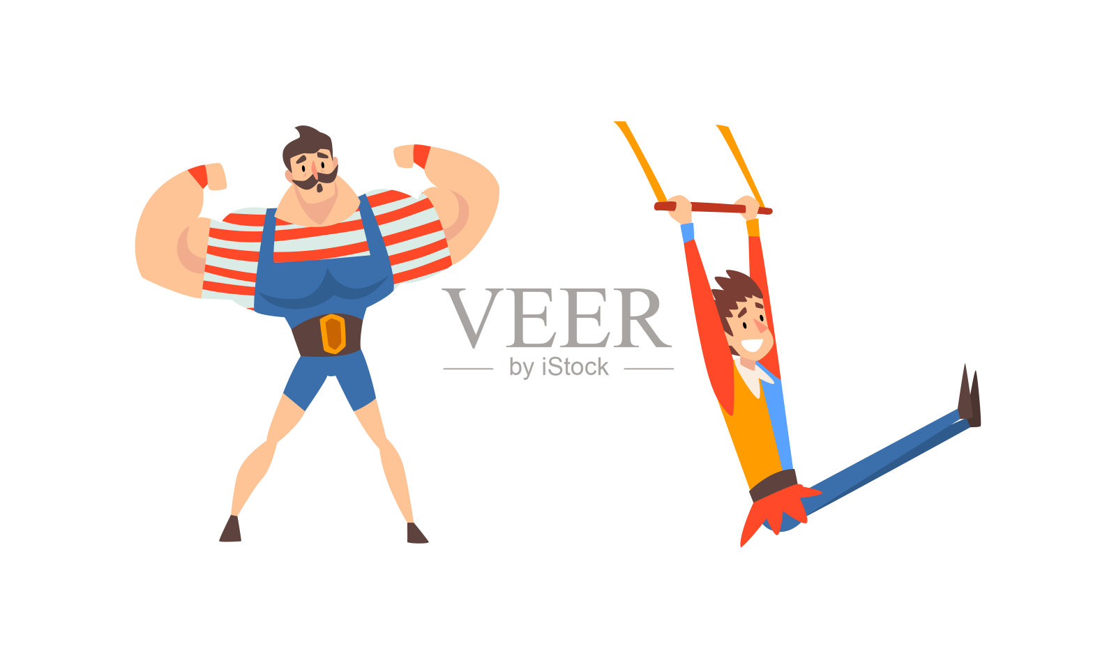 肌肉男子和杂技演员悬挂在空中酒吧作为旅行的Chapiteau马戏团向量集插画图片素材