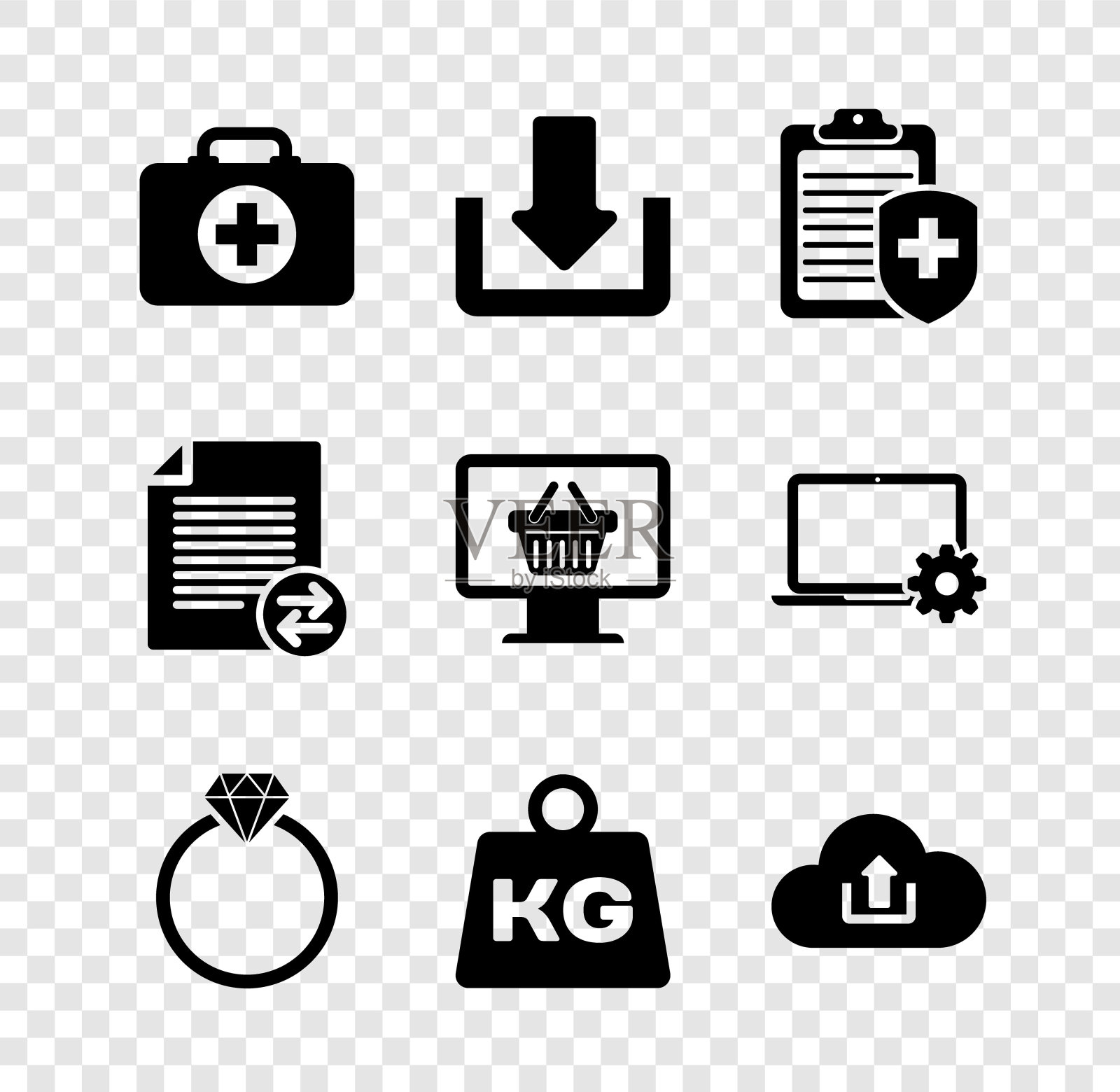 设置急救箱，下载，剪贴板与医疗保险，钻石订婚戒指，体重和云上传图标。向量图标素材