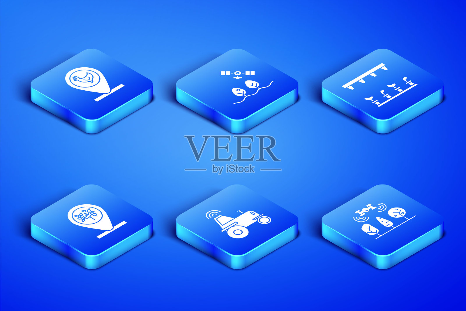 设置智能农场与无人机，鸡和位置，无线拖拉机智能，定位树，和自动灌溉洒水图标。向量图标素材