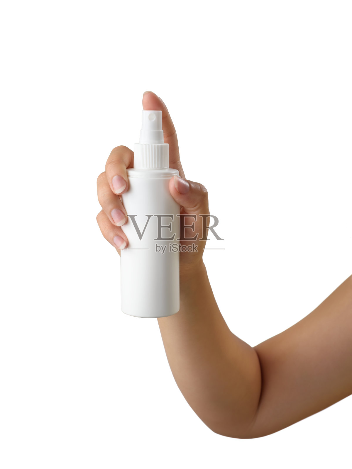 手上拿着白色的防晒管。孤立的物体在白色上照片摄影图片