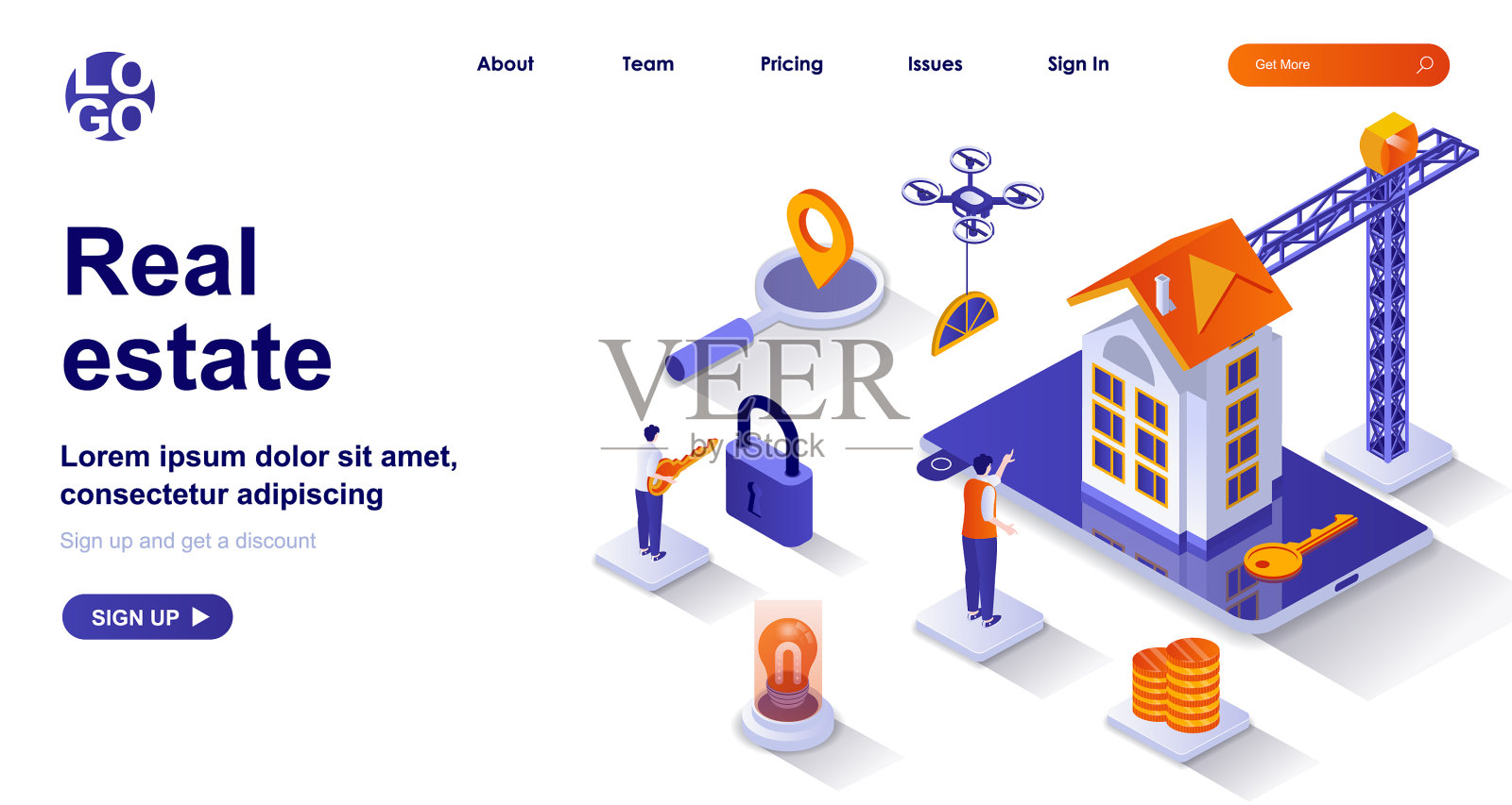 房地产等距登陆页面公司插画图片素材