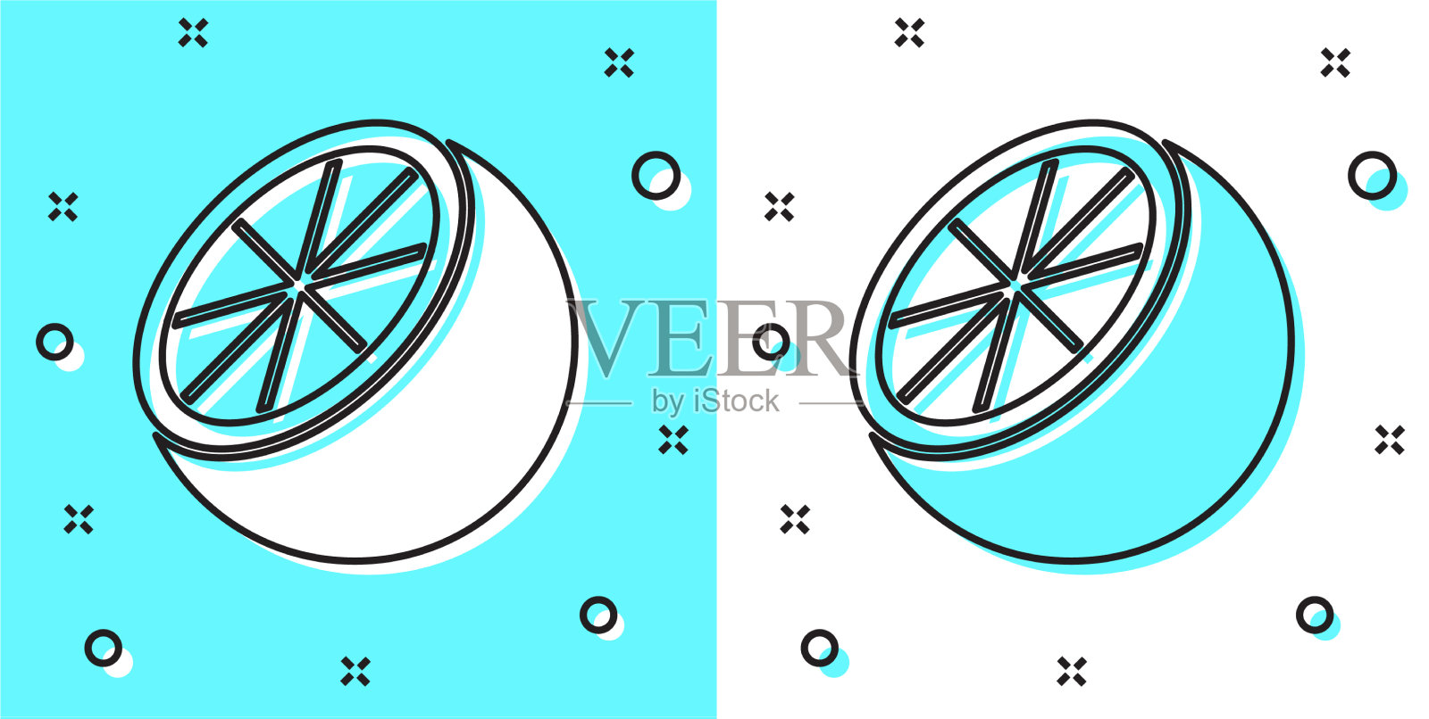 黑线橙色水果图标孤立在绿色和绿色插画图片素材