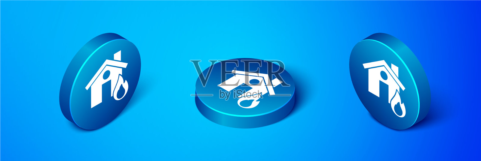 等距火在燃烧的房子图标孤立插画图片素材