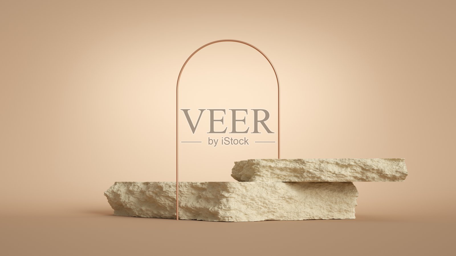 3d渲染，抽象的背景与鹅卵石岩石石头和金色拱门孤立在蜡笔背景。现代的最小展示场景与空讲台的产品展示照片摄影图片