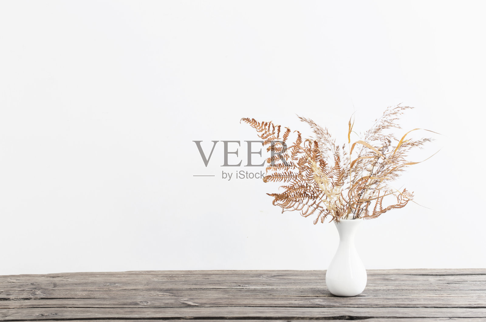 白底木桌上花瓶里的干花照片摄影图片