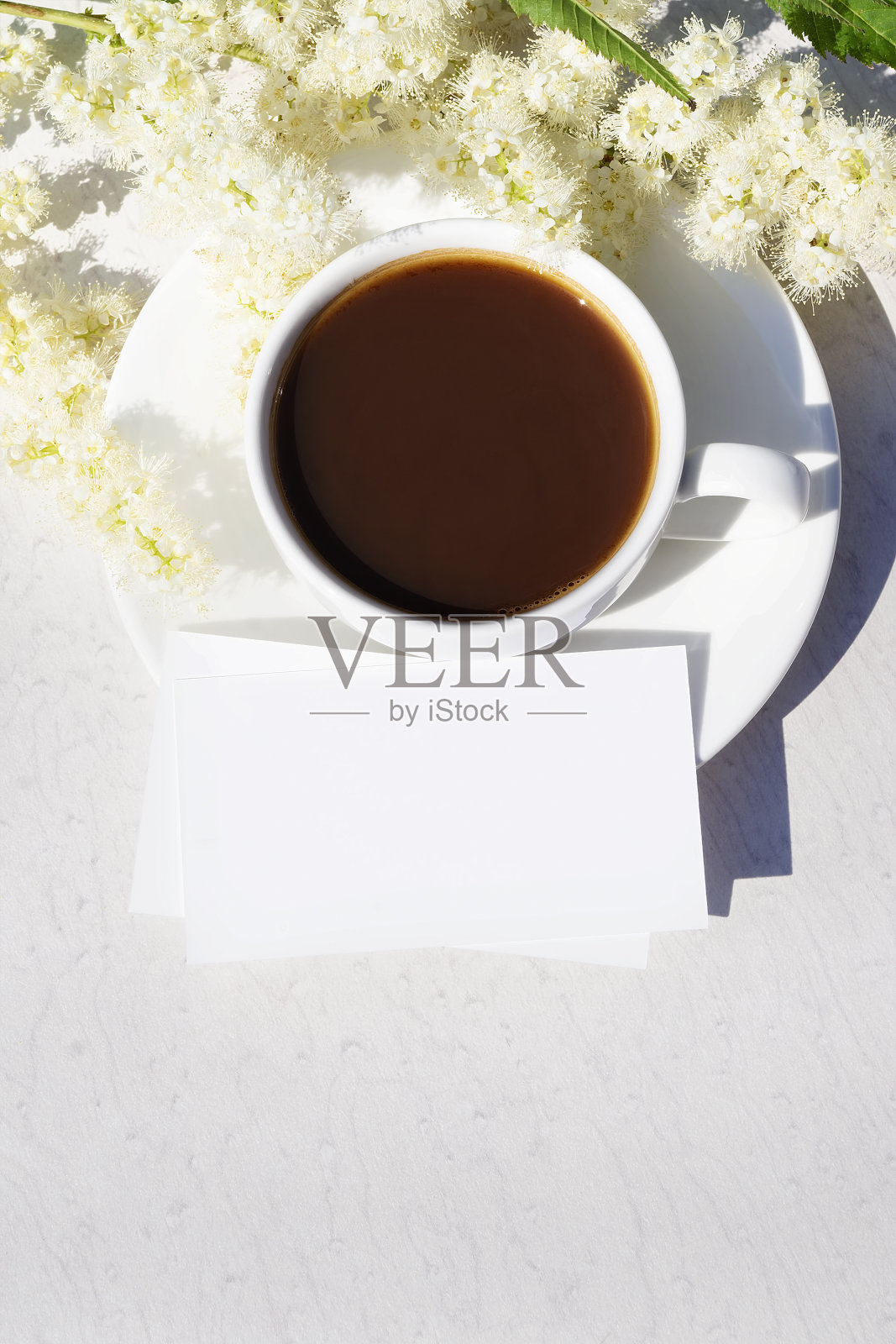 模型。白色的茶碟上放着名片，桌上放着一杯黑咖啡，桌上放着夏季盛开的白色花朵。强光下的阴影。平的。副本的空间。照片摄影图片
