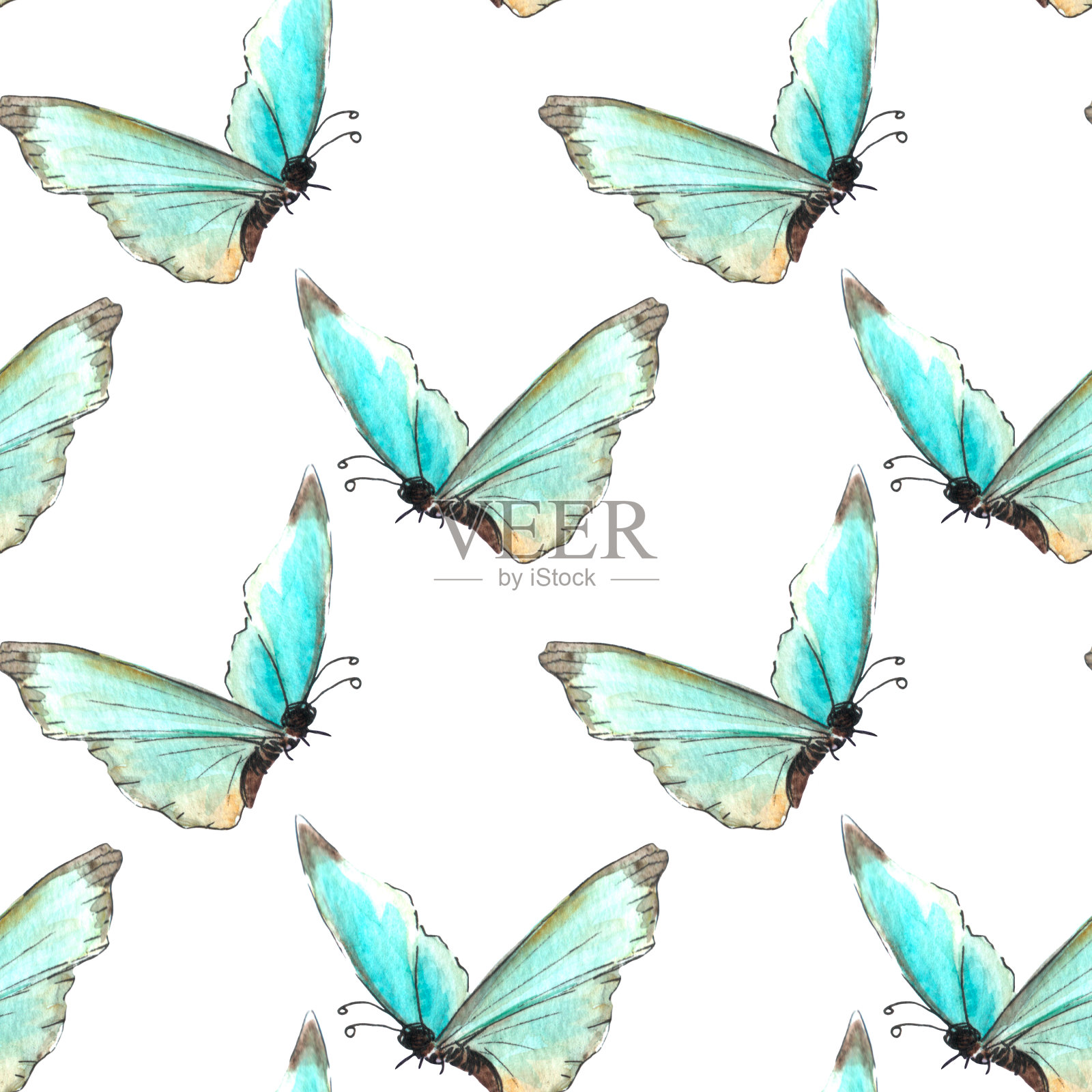无缝蓝色水彩图案抽象半透明蝴蝶。手绘精美的背景和纹理包装纸，剪贴簿，儿童，女孩或自然设计设计元素图片