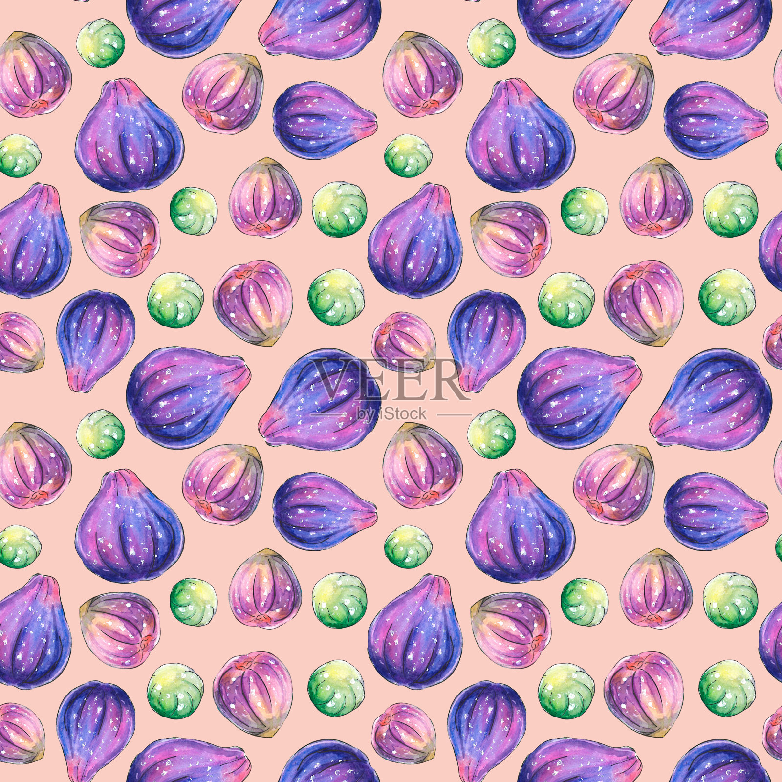 无缝图案的水彩无花果。手绘明亮的背景纹理，图像的浆果，水果在素描风格。用于包装纸、剪贴簿、食品设计、包装插画图片素材