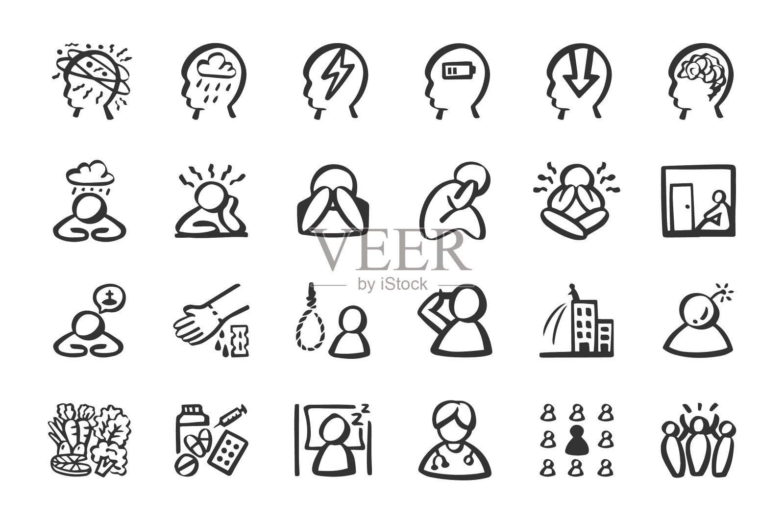 抑郁焦虑图标设置手绘涂鸦图标素材