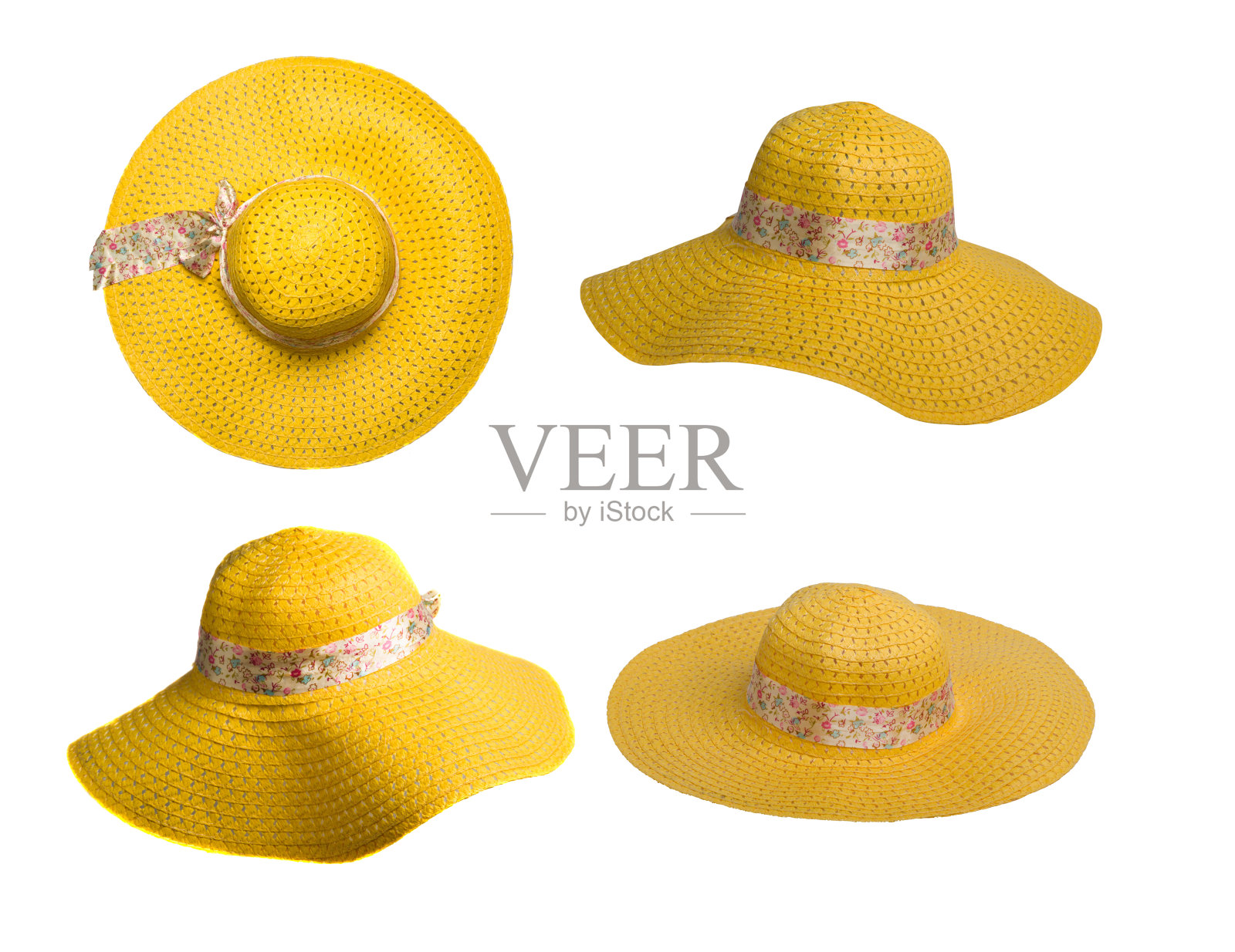 沙滩帽与盒子孤立的白色背景。黄色的帽子照片摄影图片