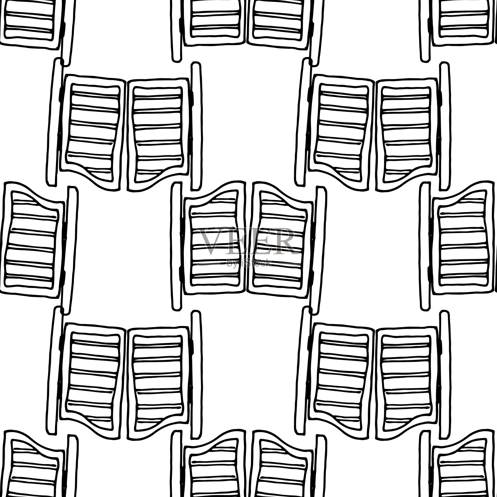 矢量无缝模式的复古木质内门元素。封闭的室内门由木雕制成，以狂野西部的草图风格在白色背景上勾勒黑色轮廓，作为设计模板插画图片素材