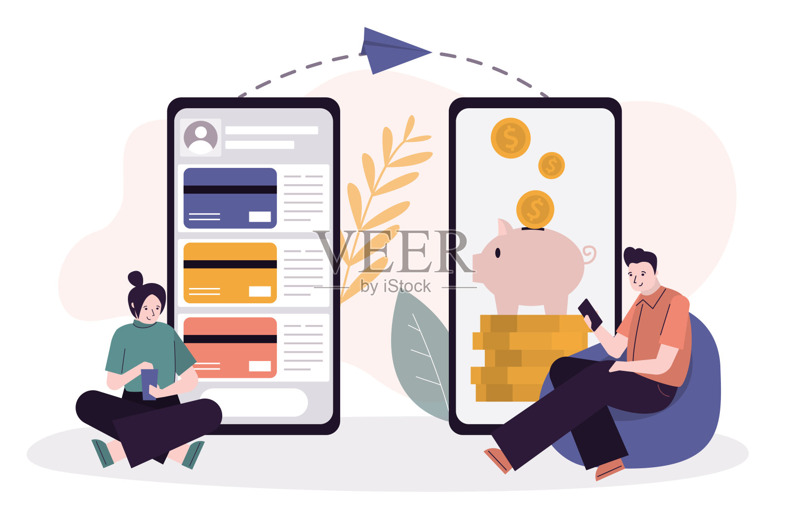 女商人通过网络银行把美元寄给男人。网上交易和移动转账的概念插画图片素材