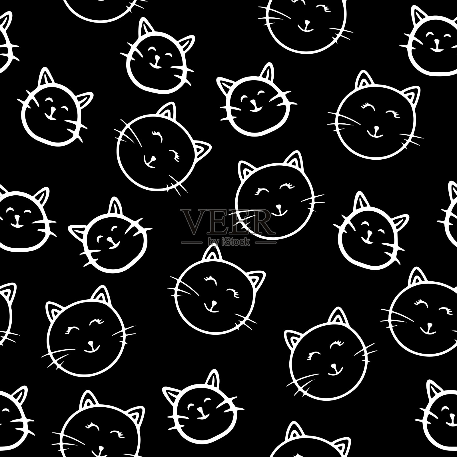 无缝图案与小猫的脸，猫的涂鸦，可爱的猫的脸，斯堪的纳维亚风格，可爱的插图，卡通，手绘，黑白矢量插图，孤立插图插画图片素材