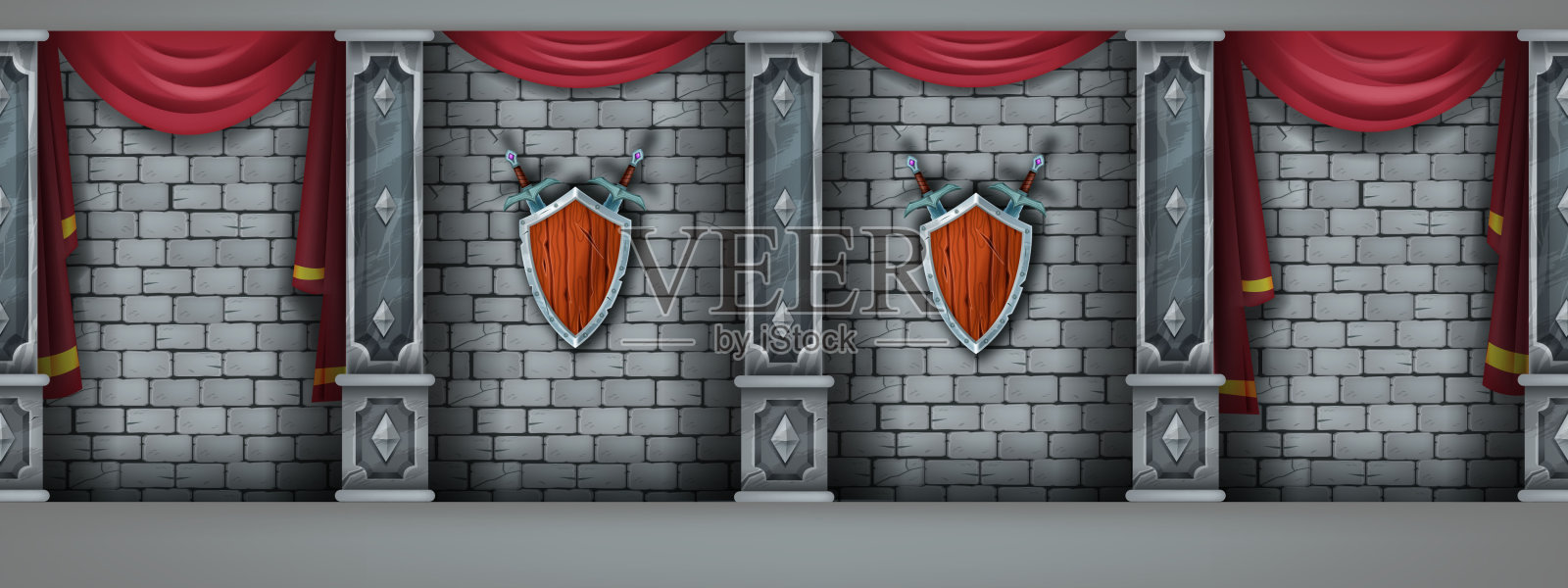 古砖墙无缝背景，矢量石城堡内部，大理石柱子，中世纪盾牌。插画图片素材