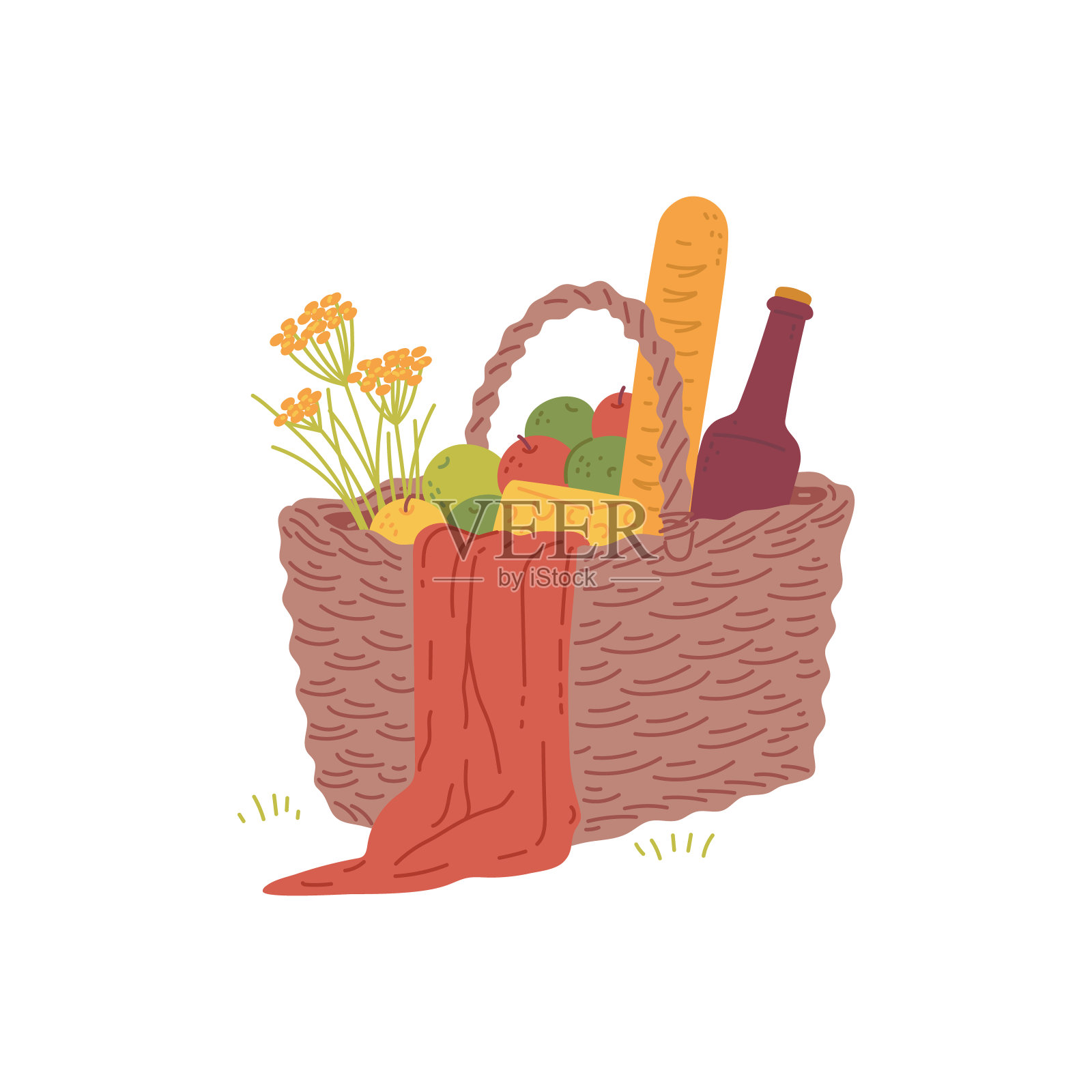 野餐篮与瓶酒和食物，平面矢量插图孤立。设计元素图片