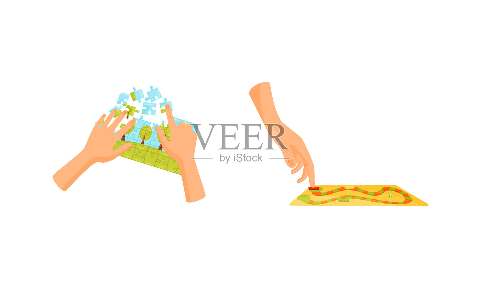 人的手玩拼图和棋盘游戏插画图片素材