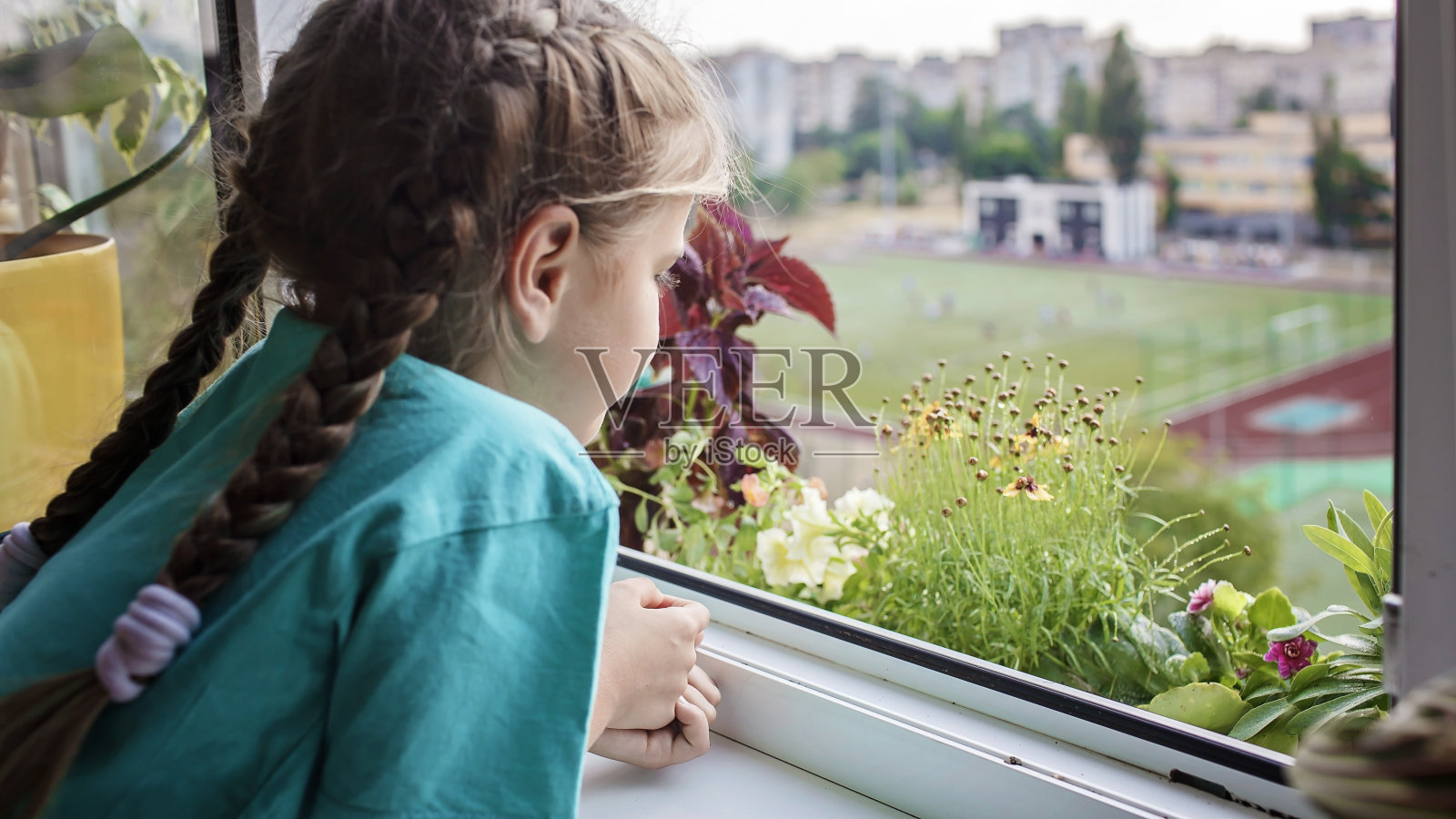 可爱的女孩在阳台窗户上帮忙照料家里的植物，植物父母的概念照片摄影图片