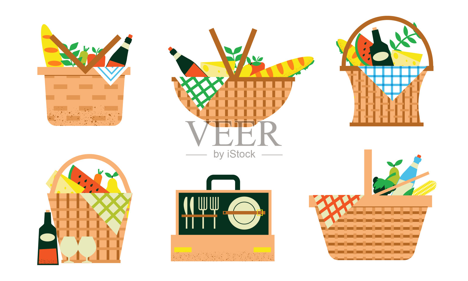 卡通野餐篮子。夏季家庭周末的柳条袋食物或饮料，毯子和运动库存。装有酒瓶和水果的篮子。餐具盒。向量容器设置插画图片素材
