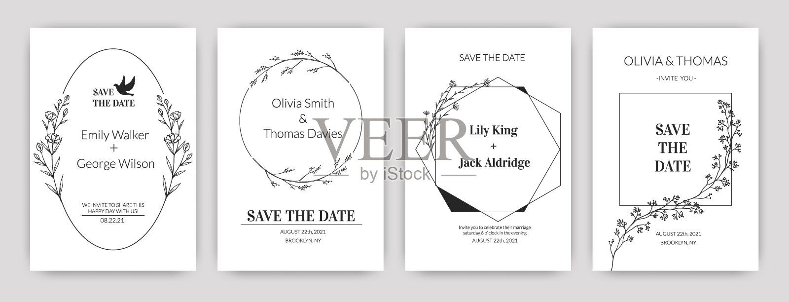 邀请卡。带有花环和绿叶的婚礼花海报。手绘假日横幅集。极简线框架与树叶和书法新婚夫妇的名字，向量集设计模板素材