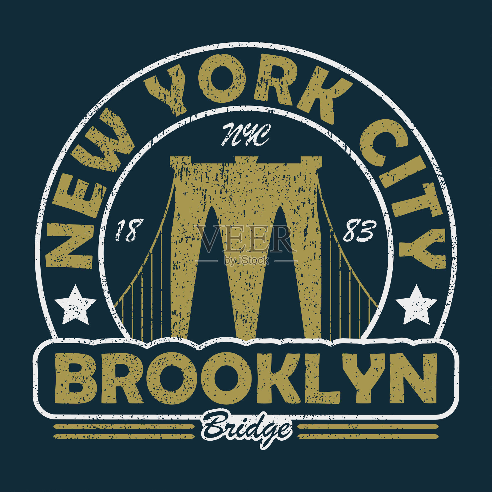 纽约，布鲁克林桥的垃圾印刷。Vintage urban graphic for t恤。原始设计衣服。复古服装排版。向量插画图片素材